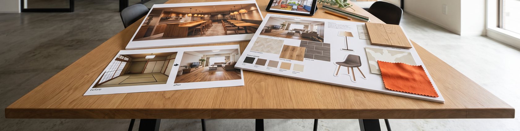 打合せ机に広げた完成予想図、工事前と工事後の写真、コーディネートボードと見本